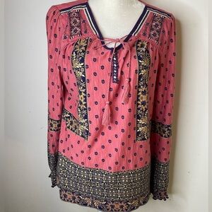 👚 Vintage America Blues Boho Long Sleeve Beaded Floral Top. Size L. 👚